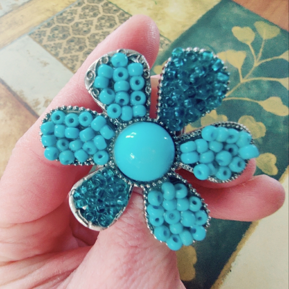 Teal Blue Beaded Flower Ring with Stretchy Band Statement Jewelry